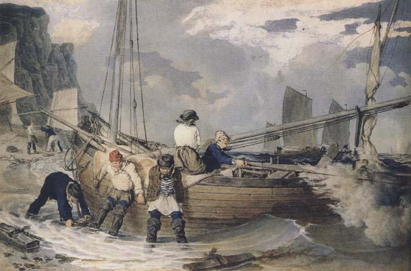John Augustus Atkinson Fishermen hauling out ready to put to sea (mk47) France oil painting art